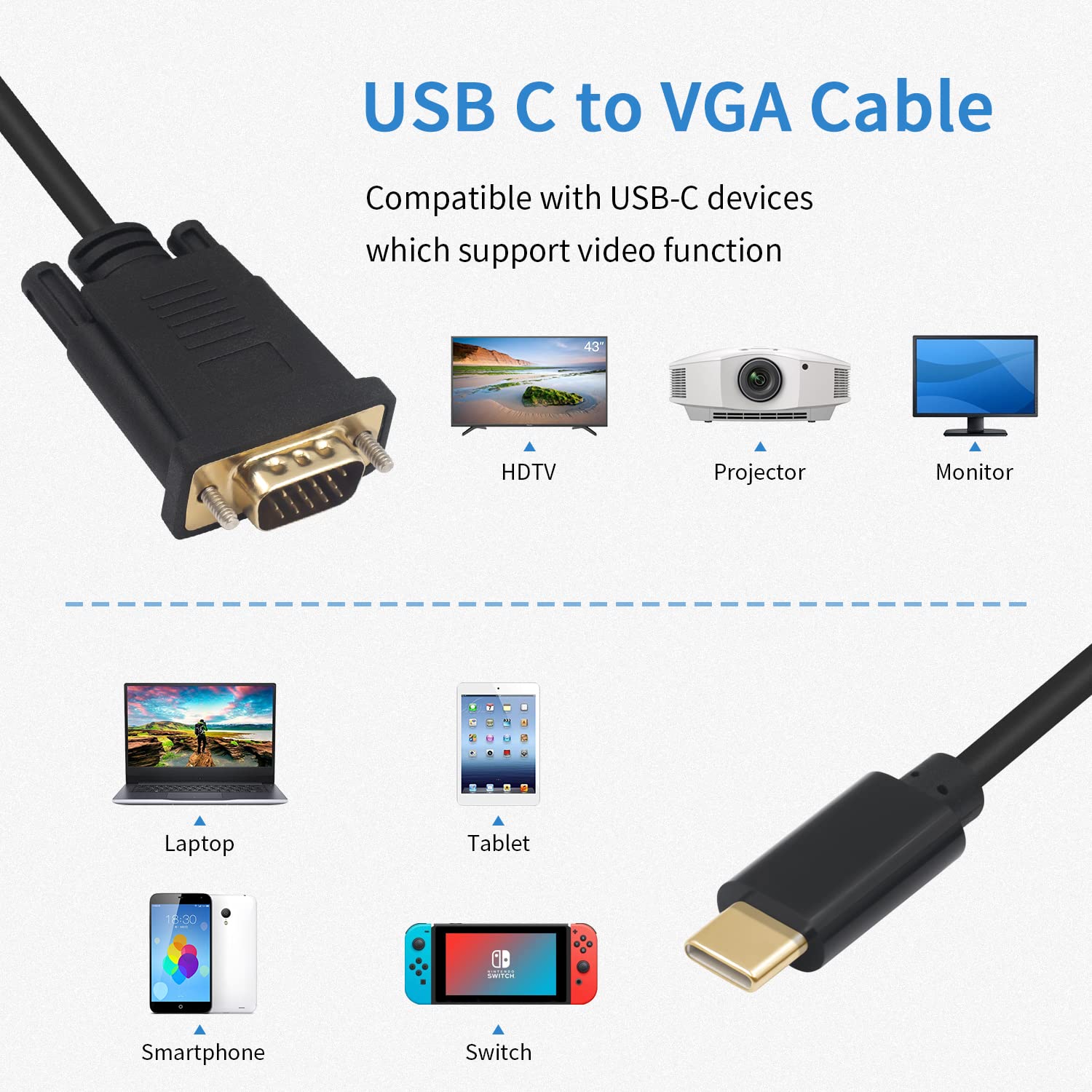 USB C Male to VGA Male Adapter Converter Cable - 1.8 meter