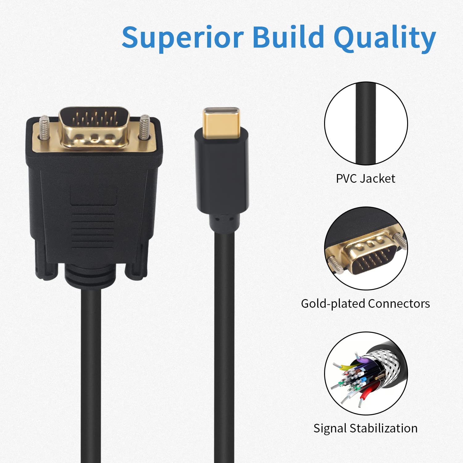 USB C Male to VGA Male Adapter Converter Cable - 1.8 meter