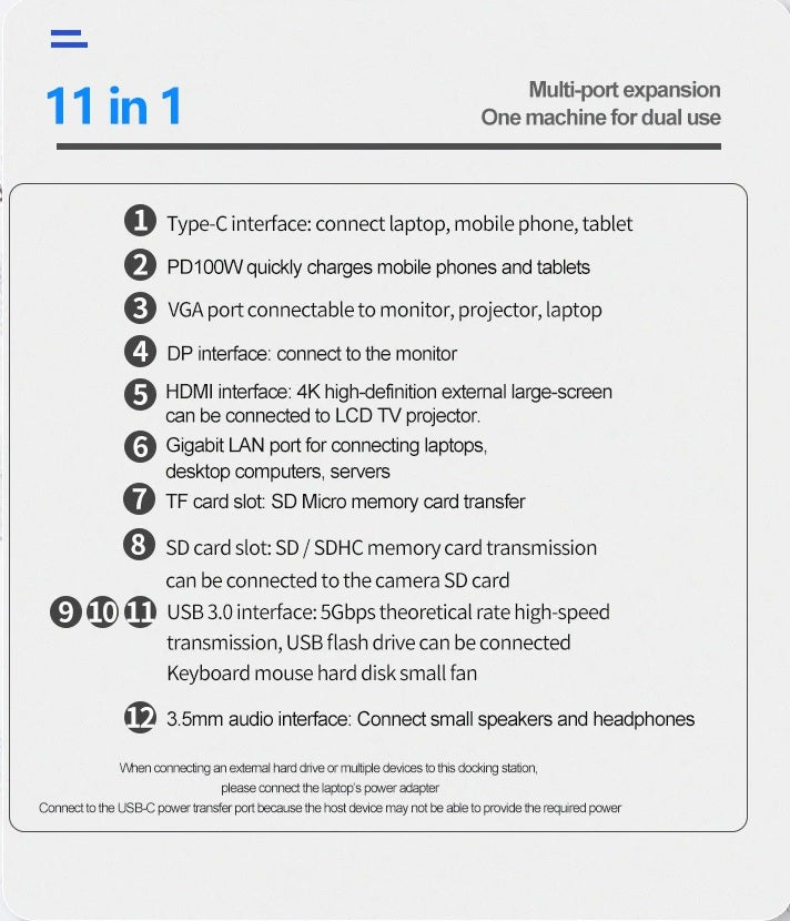 11 in 1 USB-C Hub Triple Display PD *1+ VGA*1+ HDTV *1+ RJ45*1+ SD car slot *1 + TF card slot *1 + USB3.0 *3+ 3.5mm audio *1+DP*1
